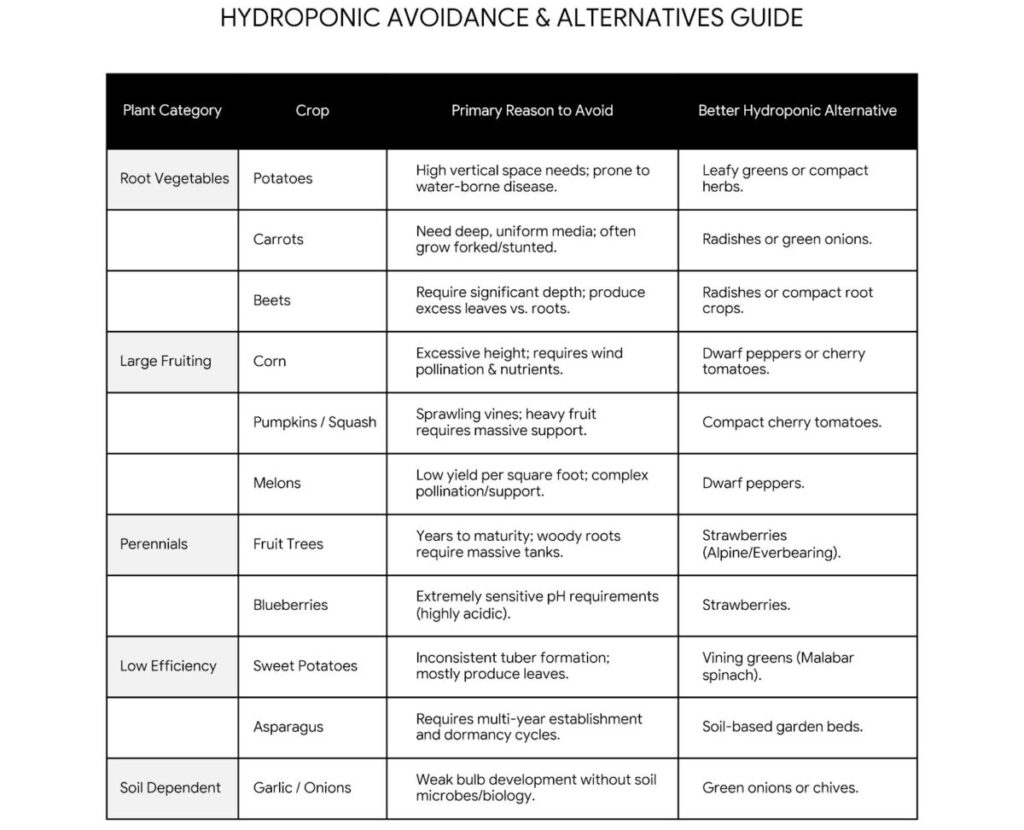 hydroponic plants to avoid and alternatives